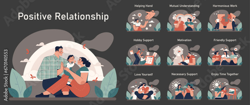 Positive relationships dark or night mode set. Loving family connection and friends support. Harmonious mutual communication. Warm relations between people. Flat vector illustration
