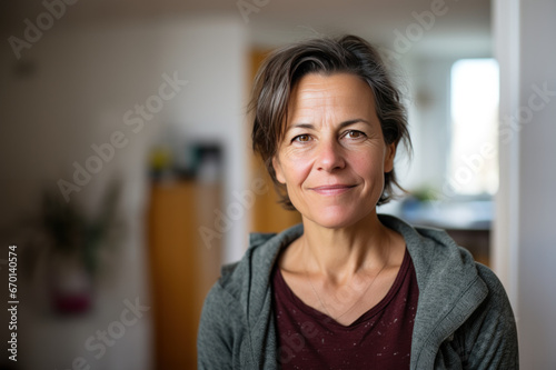 ménagère de 40-50 ans en tenue décontractée à l'intérieur de sa maison photo