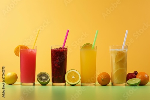 Row of 4 fruity beverages on yellow background. Generative AI