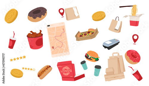 Food Delivery Items Set. Money, Pos Terminal, Fastfood and Drinks, Insulated Bags, Containers, Utensils, And Packets