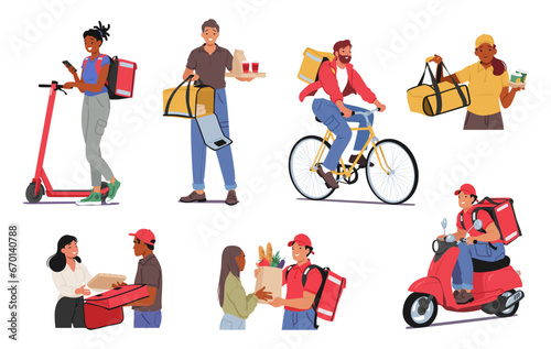 Food Delivery Workers Transport Meals From Restaurants To Customers Doorsteps, Navigate Through Traffic
