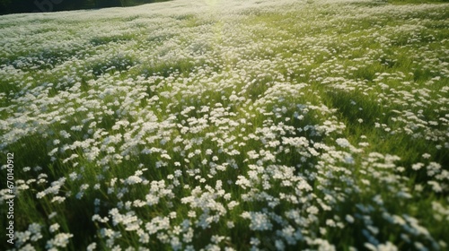 A breathtaking aerial view of a Silverbell Saxifrage meadow in full bloom, creating a sea of white and green.