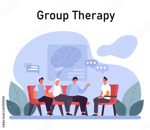 Psychotherapy. Psychiatrist consulting a patient on mental health disorders. Thoughts and emotions analysis. Group therapy. Flat vector illustration