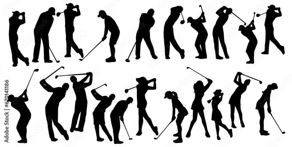 set of silhouettes of man and woman golf. isolated on a transparent background. eps 10