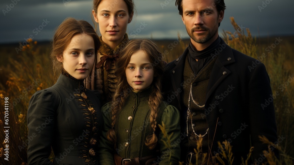 A cinematic dramatic group portrait in 19th century style in a field A cinematic dramatic group portrait in 19th century style in a field