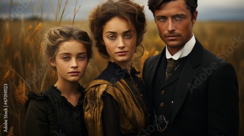 A cinematic dramatic group portrait in 19th century style in a field