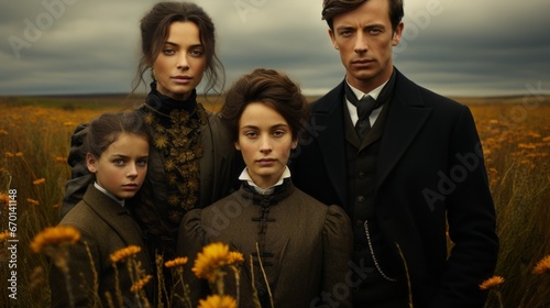 A cinematic dramatic group portrait in 19th century style in a field