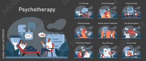 Psychotherapy dark or night mode set. Psychiatrist consulting a patient on mental health disorders. Thoughts and emotions analysis. Group, drug, art and animal therapy. Flat vector illustration