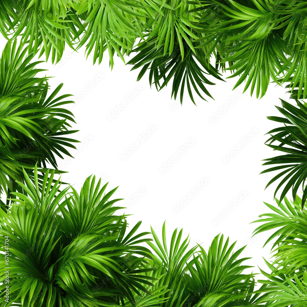 Tropical frame with exotic jungle plants, palm leaves, and space for text, transparent background. PNG, cutout, or clipping path. Tropical frame with exotic jungle plants, palm leaves, and space for text, transparent background. PNG, cutout, or clipping path.