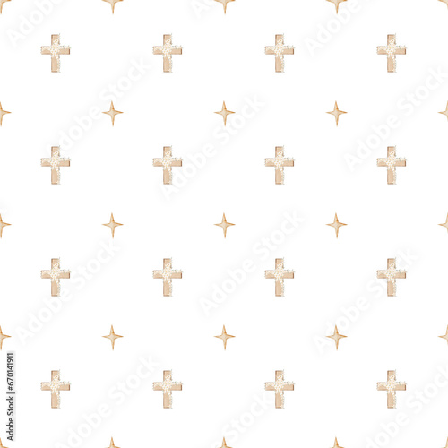 seamless pattern of Orthodox crosses and stars. elegant baby christening pattern for printing on fabric, packaging for Easter cakes, napkins, tablecloths