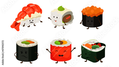 Set of cute sushi characters in cartoon style.Vector illustration of sushi characters with different emotions and poses: cheerful, playful, sad, smiling, winking isolated on white background.