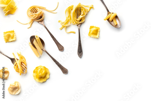 Various pasta forks. Spaghetti, fusilli, penne and other shapes of pasta, overhead flat lay shot on a white background. An assortment pasta types, with copy space
