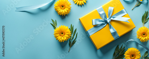 Presente de aniversário com flores amarelas com fundo azulado. Papel de parede de celebração com embrulho, fita com laço e plantas. fundo azul. photo