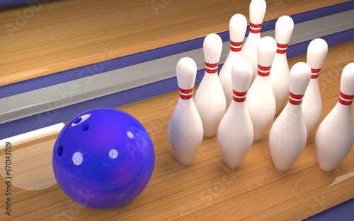 pins stand on a bowling lane with a bowling ball. 3D render