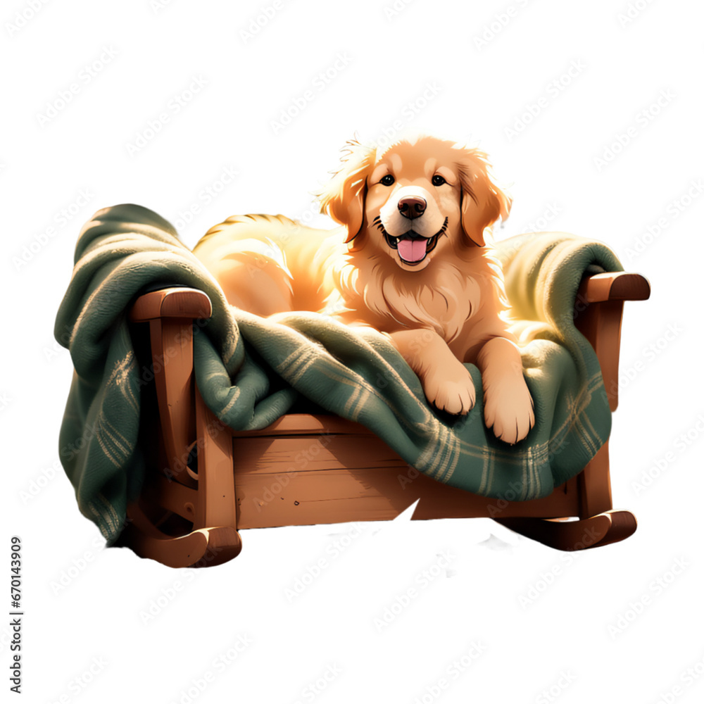 Um Filhote de cachorro deitado numa cama de madeira com uma manta verde aconchegante. Iluminação quente. Isolado sem fundo, com fundo transparente PNG. - obrazy, fototapety, plakaty 