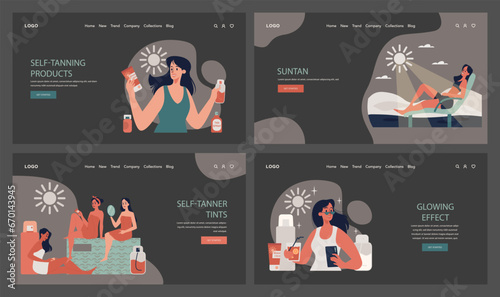 Self-tan web banner or landing page dark or night mode set. Beautiful woman applying self-tanner bronzing lotion. Artificial tan cream. Sunburn protection and skin care. Flat vector illustration