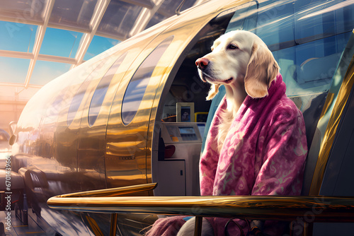 serene white dog in a luxurious pink robe stands beside a sleek, modern aircraft, exuding sophistication and elegance photo