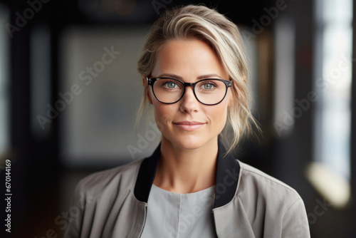 Portrait of a mature businesswoman in glasses on a gray background.