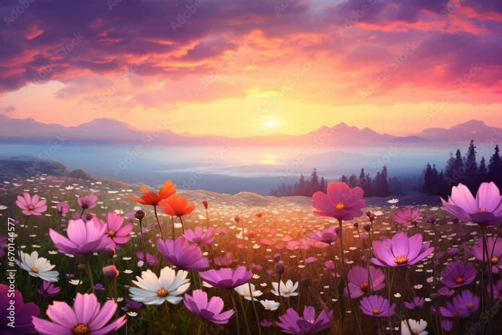 A vibrant field of blooming flowers against a hazy backdrop. Generative AI