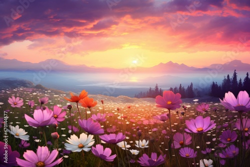 A vibrant field of blooming flowers against a hazy backdrop. Generative AI