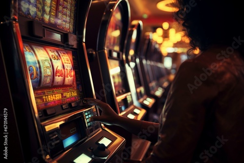 an individual using a lever or pushing buttons on a gambling machine in a casino ambiance. Generative AI