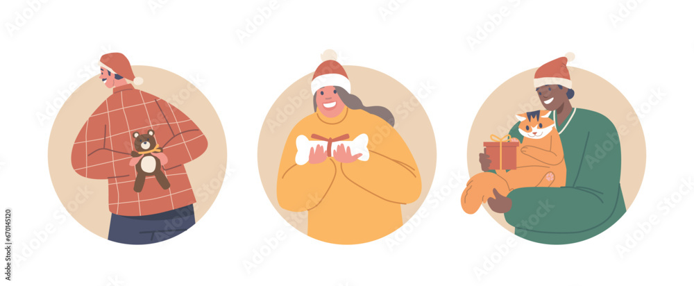 Obraz premium Isolated Round Icons Or Avatars With Characters Bestow Christmas Gifts Upon Their Pets, Wrapping Toys, And Treats