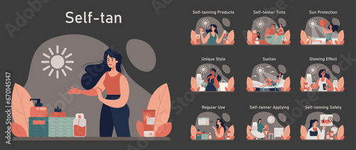 Self-tan dark or night mode set. Beautiful woman applying self-tanner bronzing lotion. Artificial tan cream. Sunburn protection and skin care procedure. Flat vector illustration