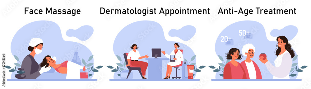 Skincare routine set. Facial skin cosmetic products applying and professional dermatology procedure. Cleansing and moisturizing treatment. Flat vector illustration