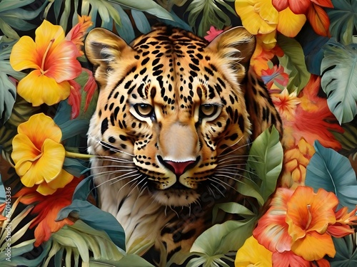 Painting of a leopard in a jungle with tropical and flower. Generative AI