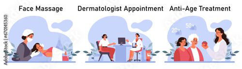 Skincare routine set. Facial skin cosmetic products applying and professional dermatology procedure. Cleansing and moisturizing treatment. Flat vector illustration