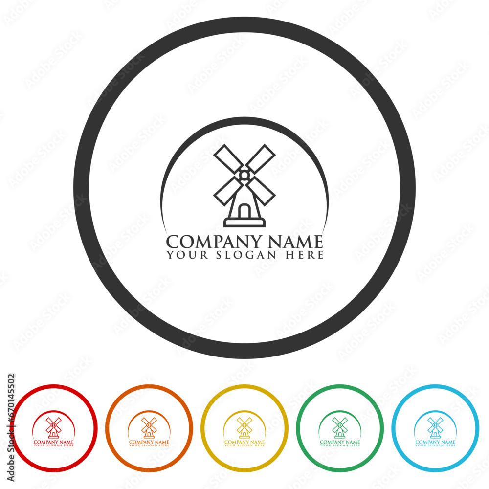 Windmill logo design. Set icons in color circle buttons Windmill logo design. Set icons in color circle buttons