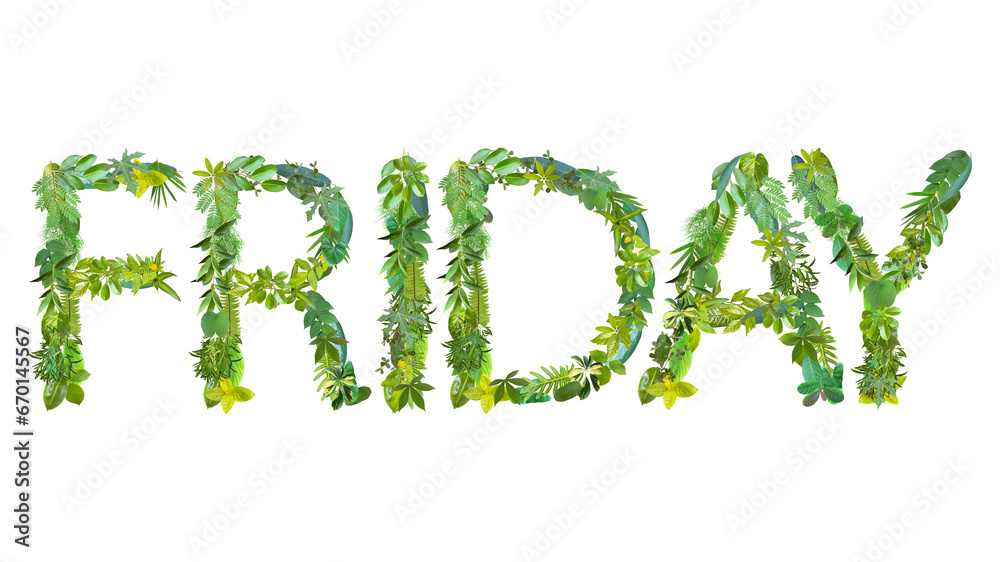 FRIDAY, word or text made from various kinds of leaves isolated on transparent background, PNG, suitable for template design FRIDAY, word or text made from various kinds of leaves isolated on transparent background, PNG, suitable for template design