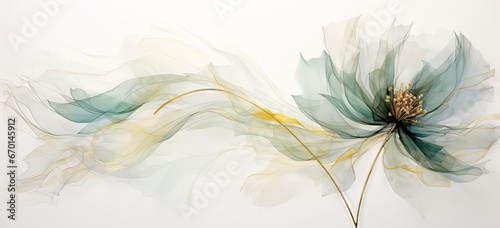 a watercolor green flower is surrounded by cream and gold leaves Generative AI