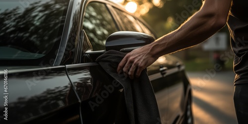 Sleek Automotive Elegance: A Hand Carefully Polishing the Front of a Car with a Towel, in Dark Black and Silver Style © Ben