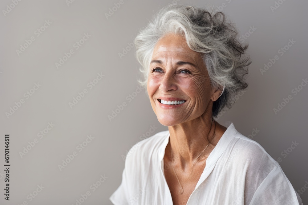 adiant Serenity: An Elderly Woman's Joyful Smile and Grey Hair Shine Against a Pure White Background adiant Serenity: An Elderly Woman's Joyful Smile and Grey Hair Shine Against a Pure White Background
