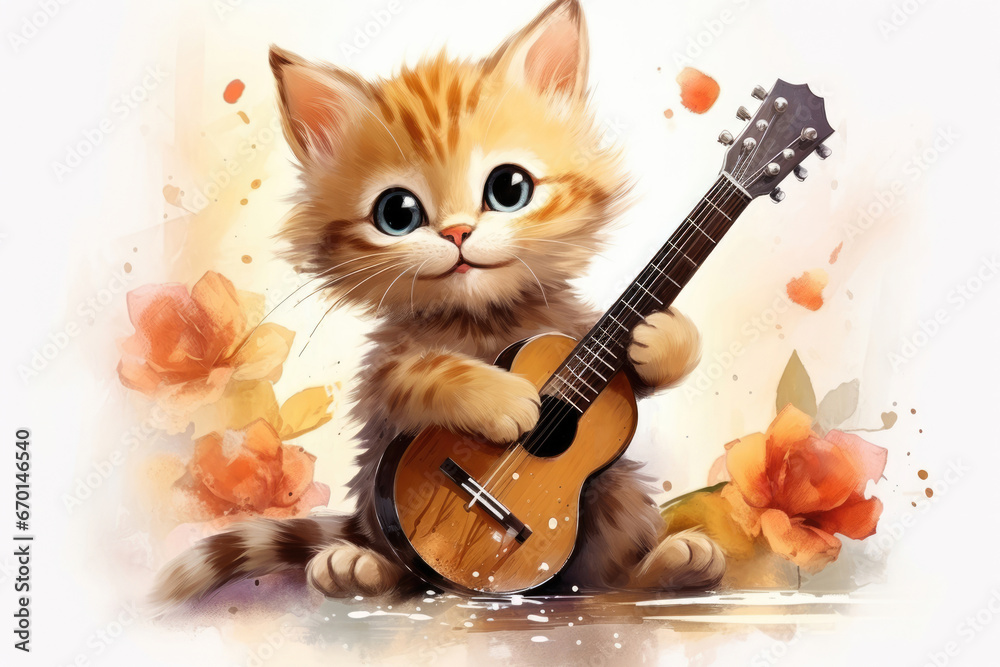 Cute funny cat plays the guitar, watercolor style Cute funny cat plays the guitar, watercolor style