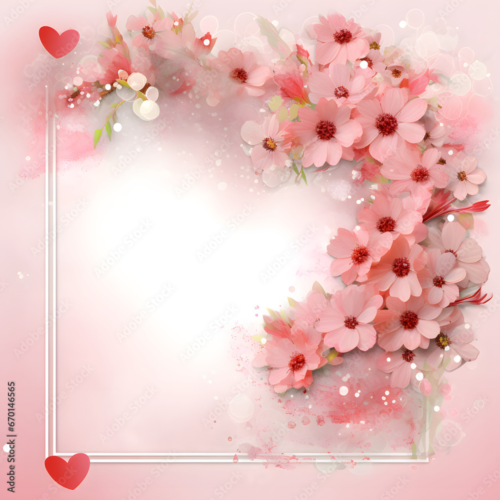 Fototapeta premium Romantic Valentine day background, elegant frame with pastel pink cherry blossom flowers and little red hearts