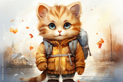 Cute cat in tourist clothes with a backpack, in drawing style