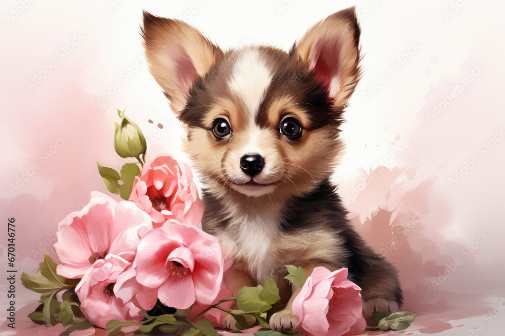 Cute puppy in flowers, watercolor style Cute puppy in flowers, watercolor style