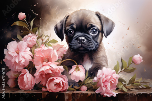 Cute puppy dog in flowers, watercolor style