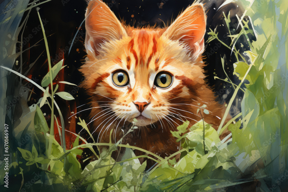 Cute red cat in green grass, watercolor style