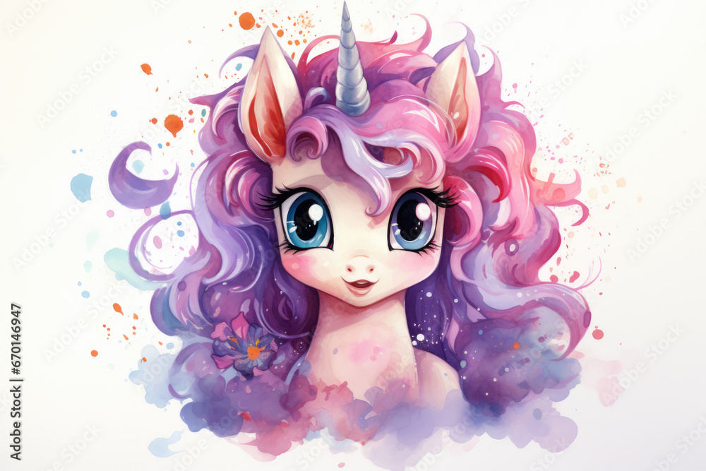 Fairytale unicorn with big eyes in watercolor style