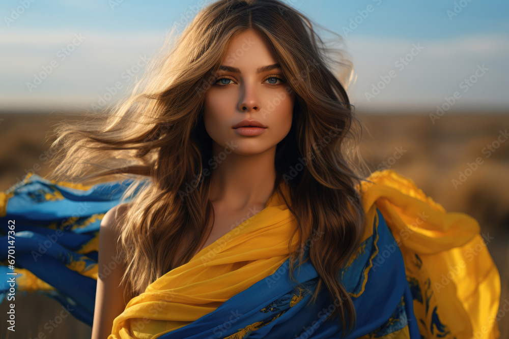 girl with national flag of ukraine, Ukrainian flag day concept, independence day