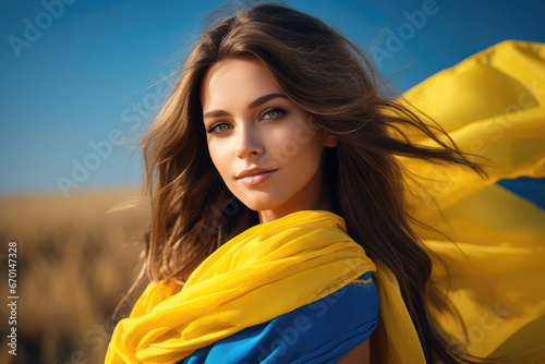 girl with national flag of ukraine, Ukrainian flag day concept, independence day