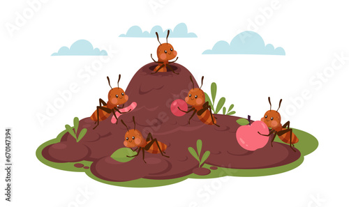 Ant colony, ants carry fruit and insects. Working together, adorable cute bugs, nature characters. Forest or meadow environment. Cartoon flat style isolated vector wildlife concept
