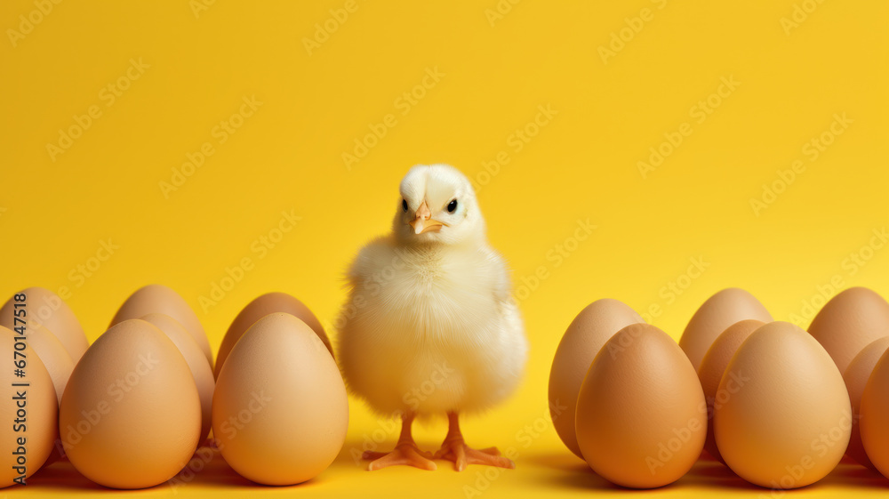 Small Chicken with Eggs on Yellow Background