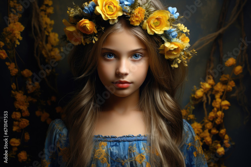 Little Ukrainian girl in a flower wreath and national clothes