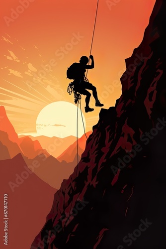 Climbing mountain, sunset silhouette and man sports exercise for fitness, rock training in nature and workout during travel in Canada. Athlete with freedom against orange sunset sky background © Wall Art Galerie