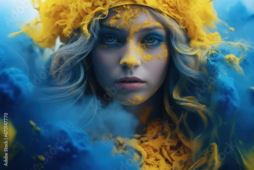 The face of a beautiful Ukrainian woman in yellow-blue colors