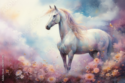 Fairytale unicorn in flowers in watercolor style © Michael